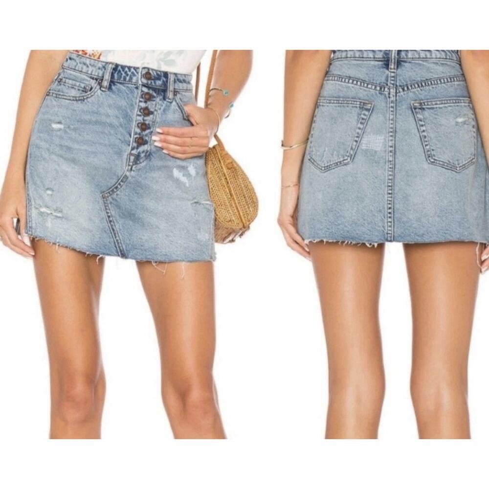 Free People A-Line Distressed Denim Mini Skirt 100% Cotton Size 29